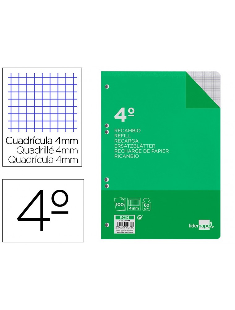 Recambio liderpapel cuarto 100 hojas 60gm2 cuadro 4mm con margen 6 taladros