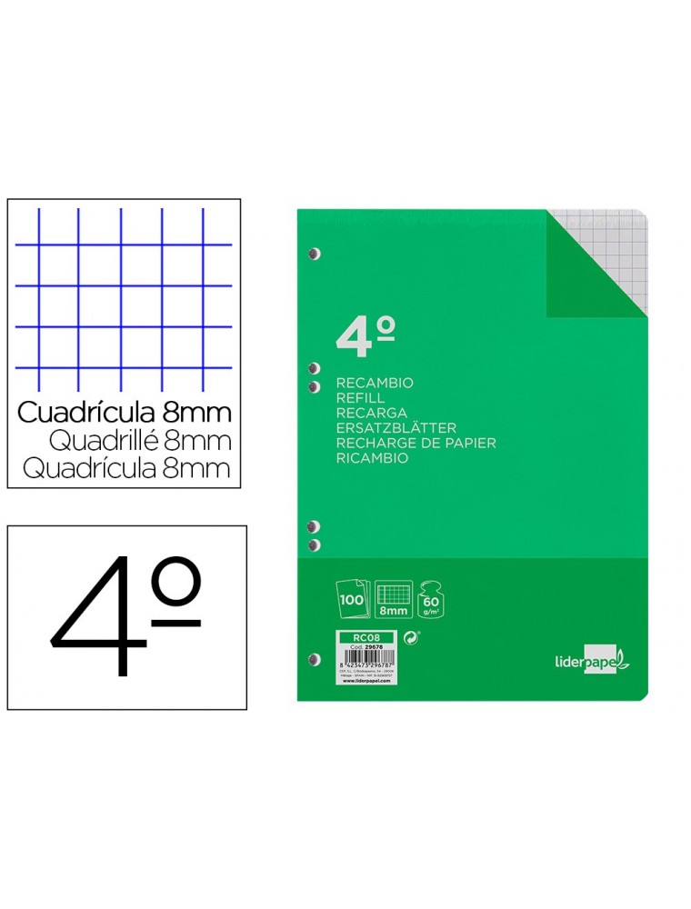 Recambio liderpapel cuarto 100 hojas 60gm2 cuadro 8mm con margen 6 taladros