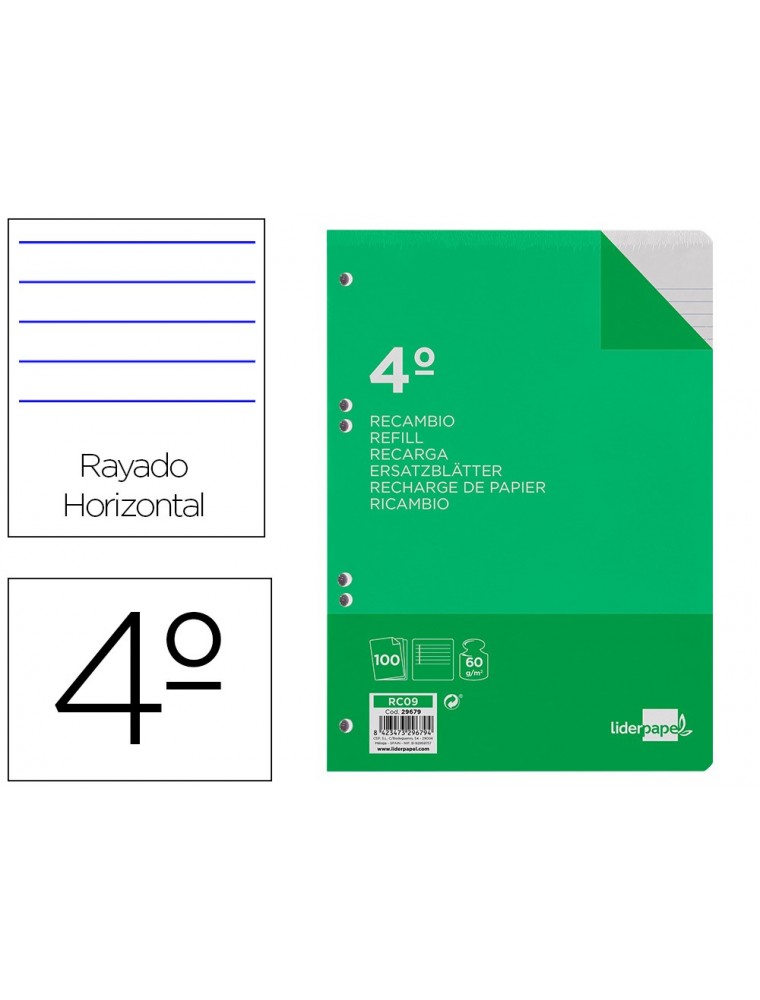 Recambio liderpapel cuarto 100 hojas 60gm2 horizontal con margen 6 taladros