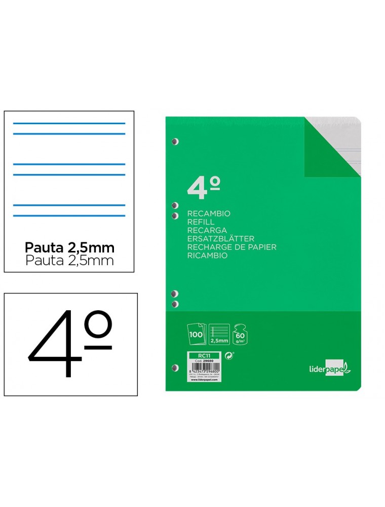 Recambio liderpapel cuarto 100 hojas 60gm2 pauta 5ª 2.5mm con margen 6 taladros