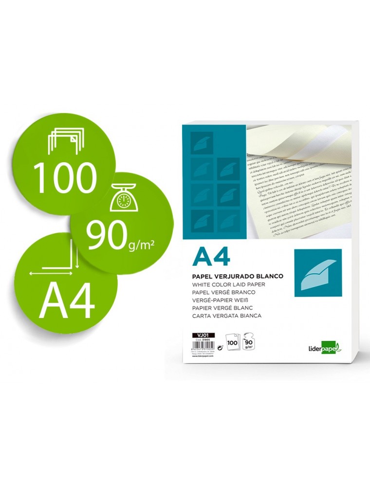 Papel verjurado liderpapel a4 90gm2 blanco paquete de 100 hojas