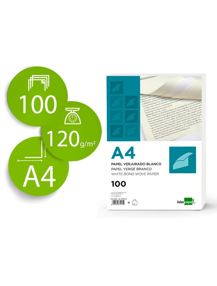 Papel verjurado liderpapel a4 120gm2 blanco paquete de 100 hojas