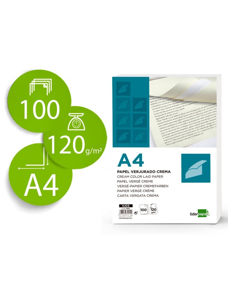 Papel verjurado liderpapel a4 120gm2 crema paquete de 100 hojas