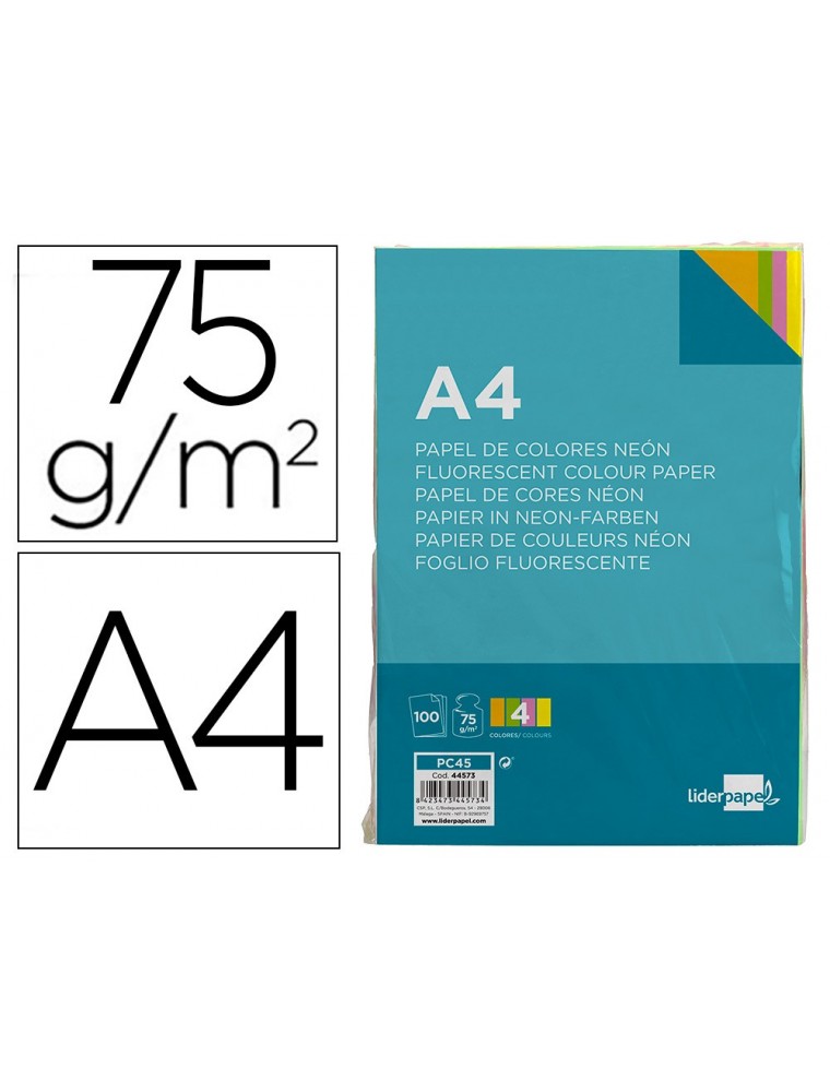 Papel color liderpapel a4 75gm2 neon 4 colores surtidos paquete de 100 hojas