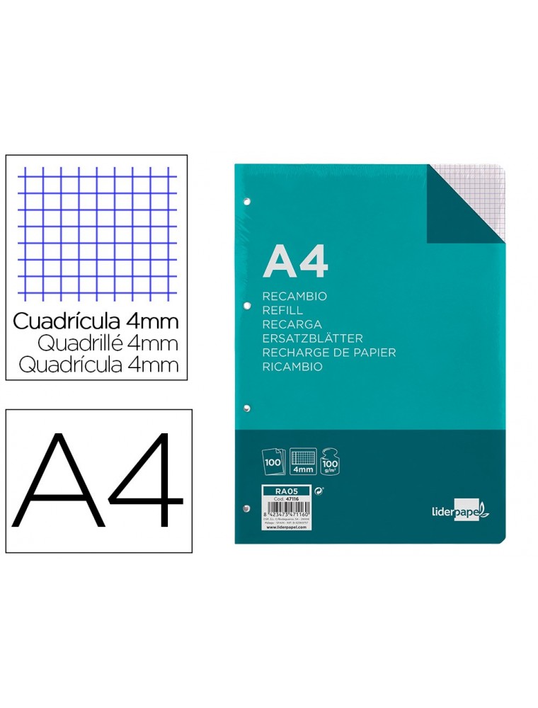 Recambio liderpapel a4 100 hojas 100gm2 cuadro 4mm con margen 4 taladros