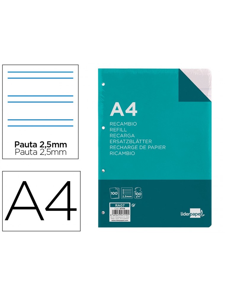 Recambio liderpapel a4 100 hojas 100gm2 pauta 5ª 2.5mm con margen 4 taladros