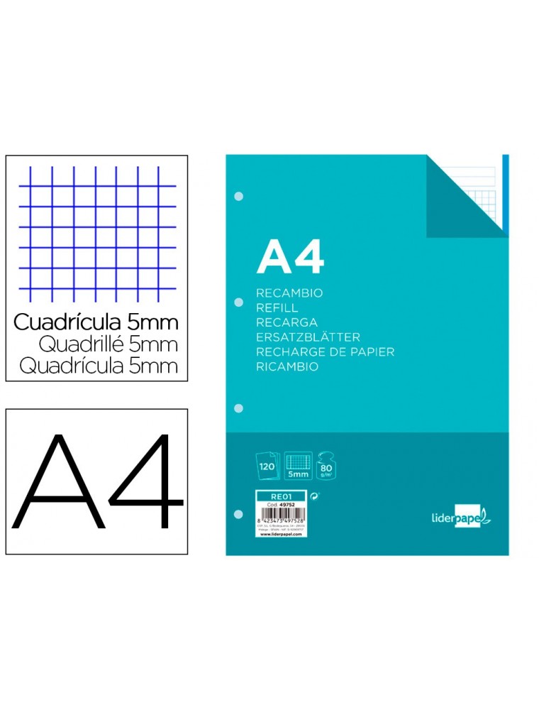 Recambio liderpapel a4 120 hojas 80gm2 cuadro 5mm sin margen 4 taladros bandas de 5 colores