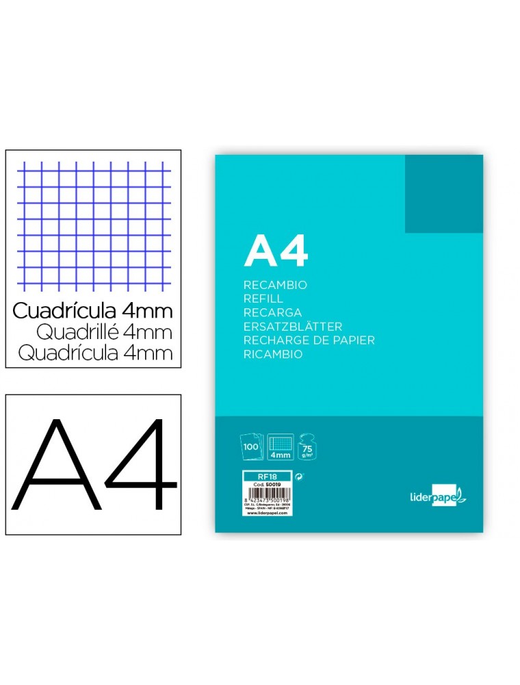 Recambio liderpapel a4 100 hojas 75gm2 cuadro 4mm con margen 4 taladros