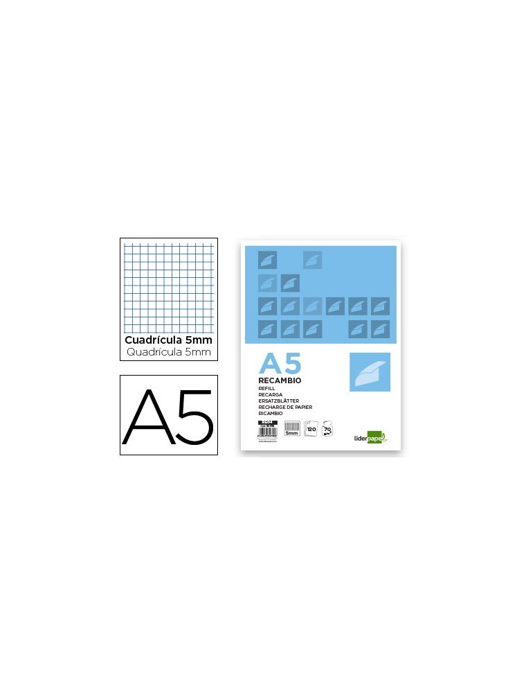 Recambio liderpapel a5 120 hojas 75gm2 cuadro 5mm sin margen 6 taladros bandas de 5 colores