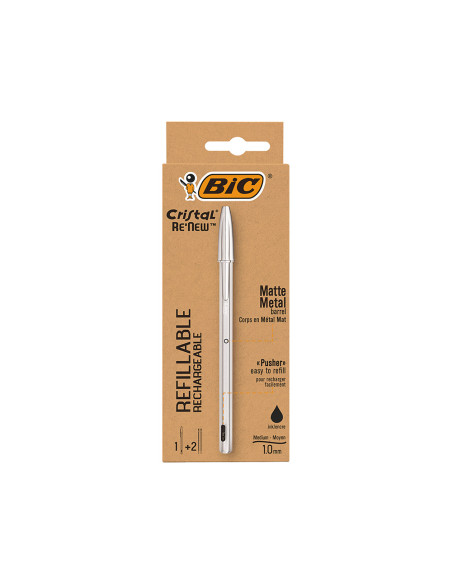 BIC BOLÍGRAFO CRISTAL RE-NEW BLÍSTER DE 1+2 RECARGAS TINTA NEGRA COLOR PLATA