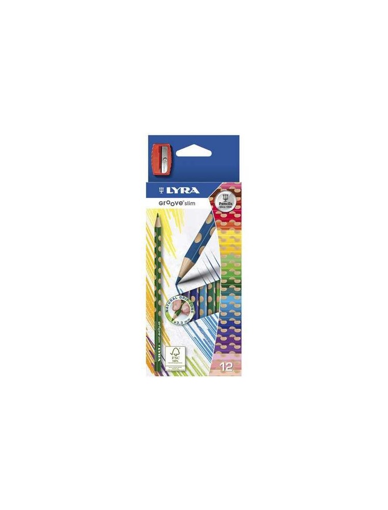 LAPICES DE COLORES GROOVE SLIM TRIANGULAR MINAS DE 3,3 MM CAJA DE 12 COLORES  SACAPUNTAS LYRA