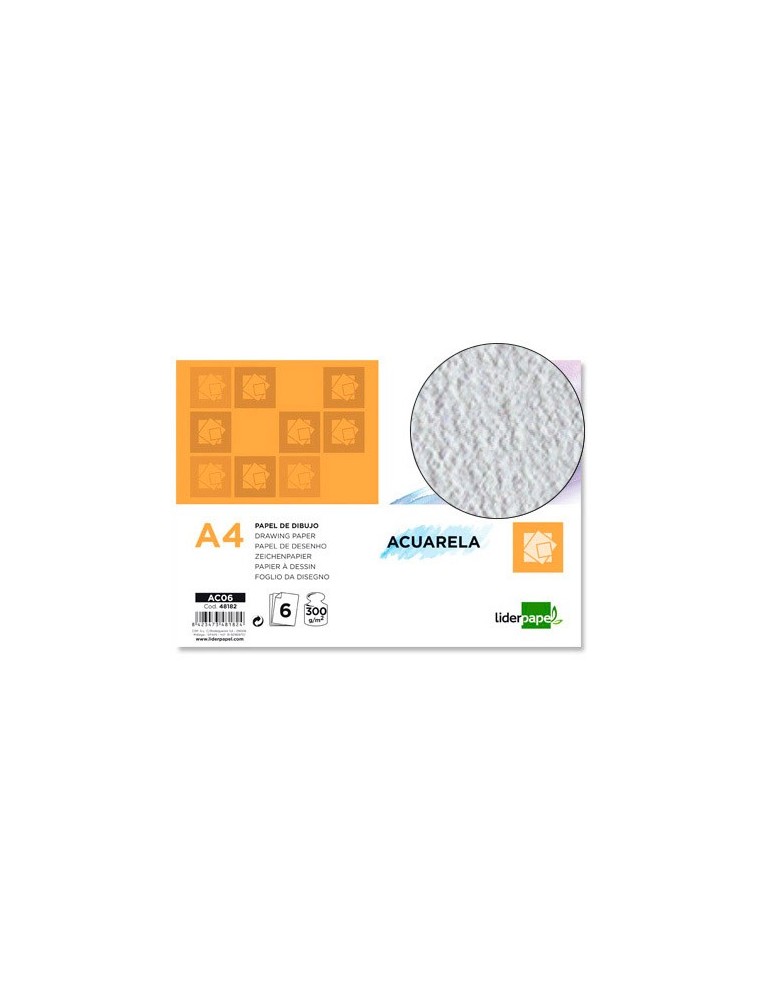 Papel dibujo liderpapel 210x297mm 300gm2 acuarela pack de 6