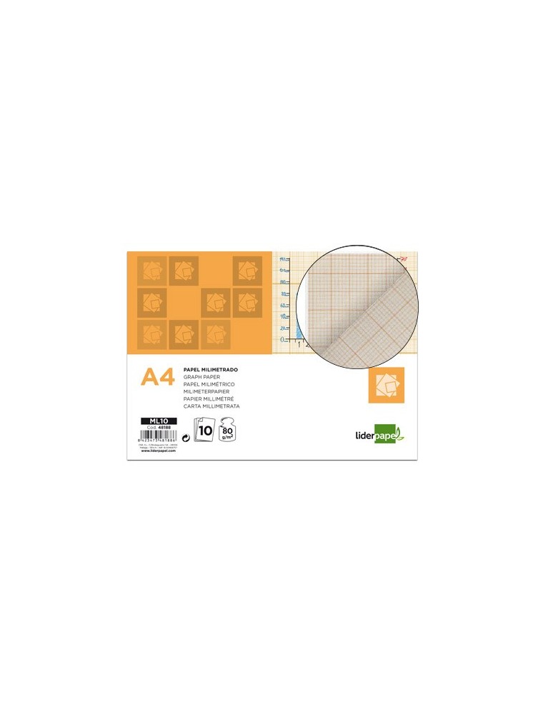 Papel dibujo liderpapel 210x297mm 80gm2 milimetrado pack de 10