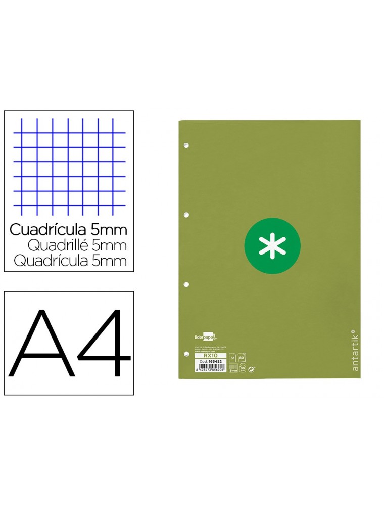 Recambio liderpapel a4 antartik 80 hojas 90gm2 cuadro 5mm 4 taladros 1 banda con marco color verde