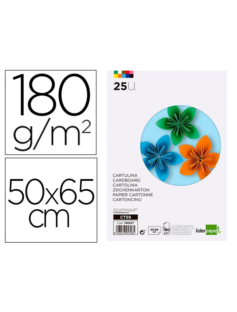 Cartulina liderpapel 50x65 cm 180gm2 25 colores surtidos paquete de 25 hojas