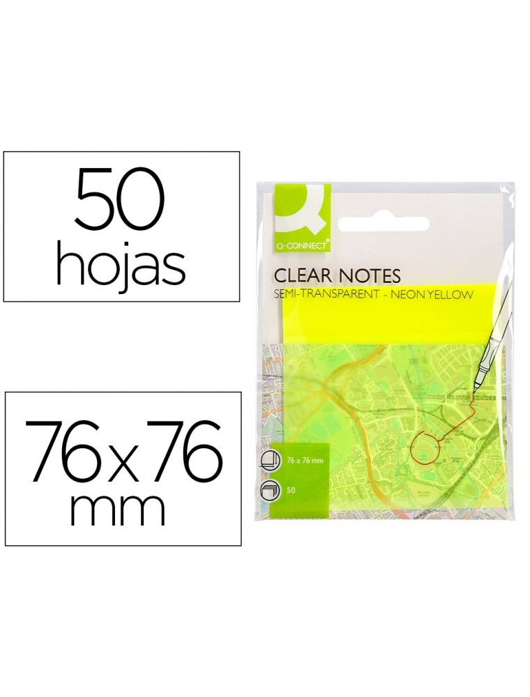 Bloc de notas adhesivas quita y pon q-connect 76x76 mm removible plastico translucido amarillo neon con 50 hojas