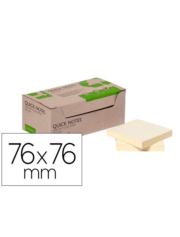 Bloc de notas adhesivas quita y pon q-connect 76x76 mm 100 papel reciclado amarillo en caja de carton