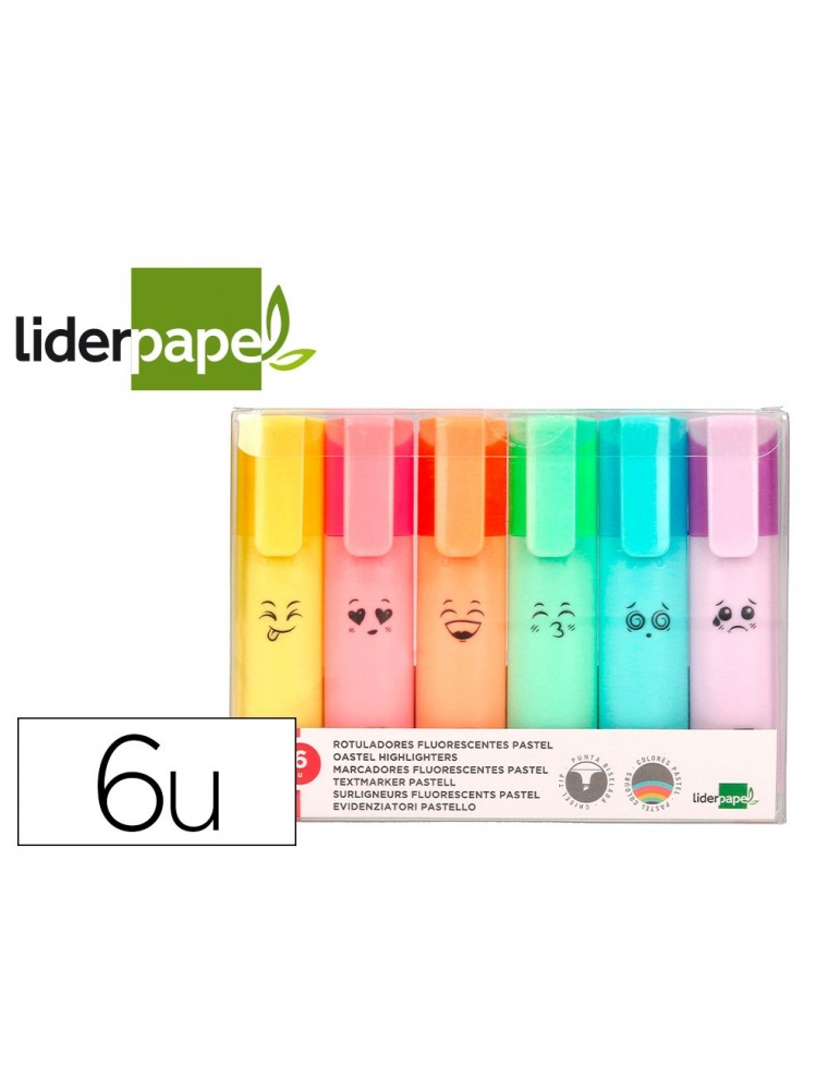 Rotulador liderpapel fluorescente pastel punta biselada estuche de 6 unidades colores surtidos