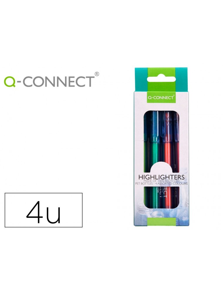 Rotulador q-connect fluorescente punta biselada fabricado pet reciclado caja de 4 unidades colores surtidos