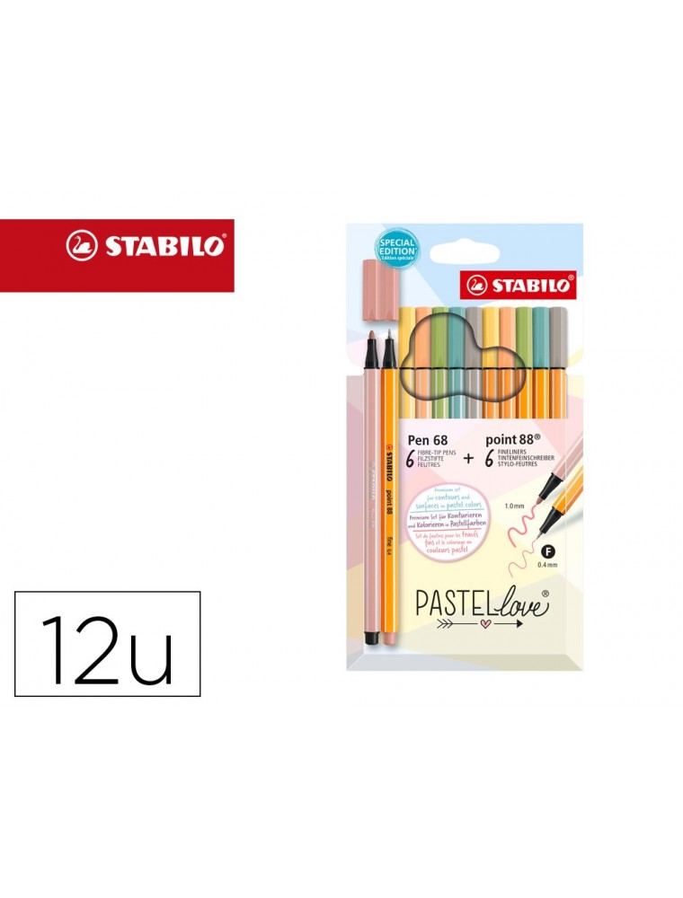 Rotulador stabilo punta de fibra point 88  pen 68 pastel love estuche de carton de 12 colores surtidos