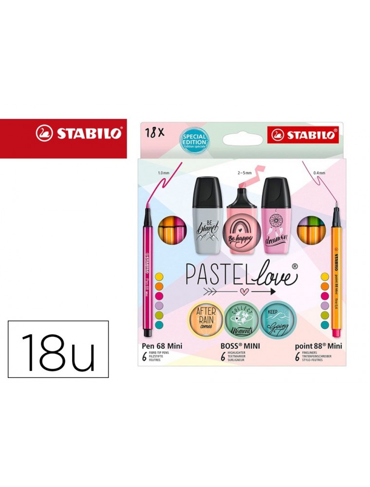 Set stabilo pastel love mini world pen 68  point 88  boss 18 unidades surtidas