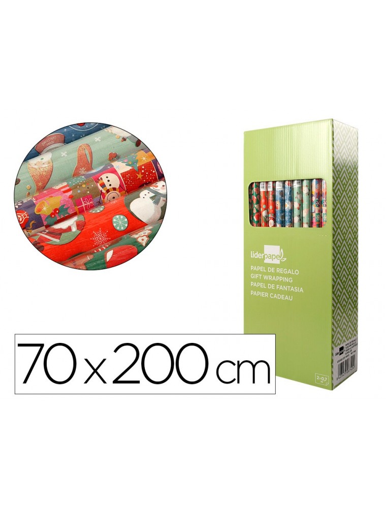 Papel de regalo liderpapel navidad rollo ancho 70 cm longitud 2 mt gramaje 60 gr diseños surtidos