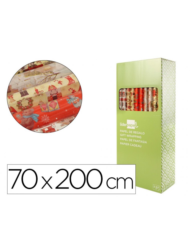 Papel de regalo liderpapel navidad rollo ancho 70 cm longitud 2 mt gramaje 60 gr diseños surtidos