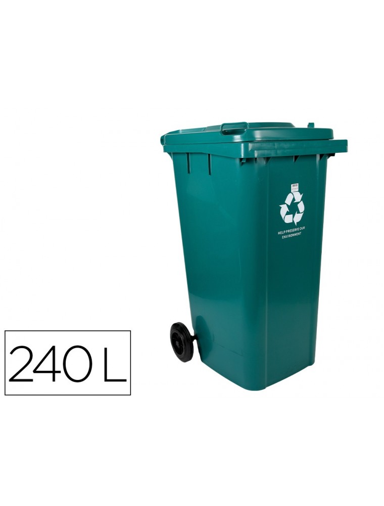 Papelera contenedor q-connect plastico con tapadera y ruedas 240 litros verde 1040x620x610 mm