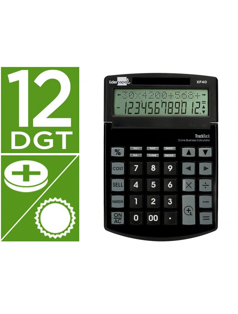 Calculadora liderpapel sobremesa xf40 12 digitos dos lineas solar y pilas negro 175x120x30 mm 40 reciclada