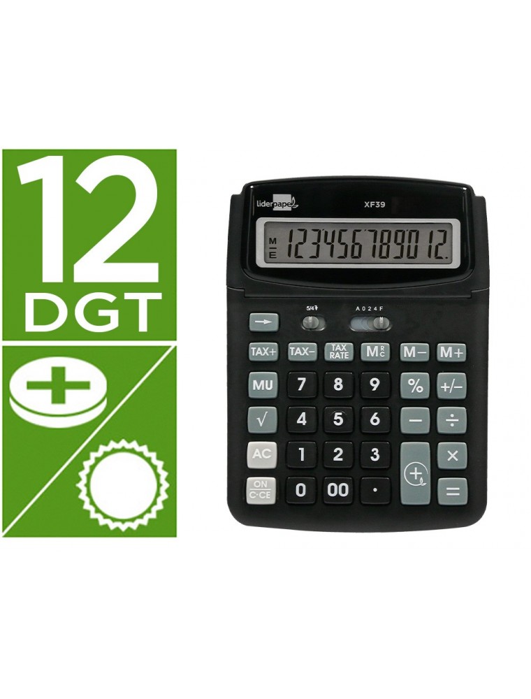 Calculadora liderpapel sobremesa xf39 12 digitos solar y pilas color negro 190x140x32 mm 40 reciclada