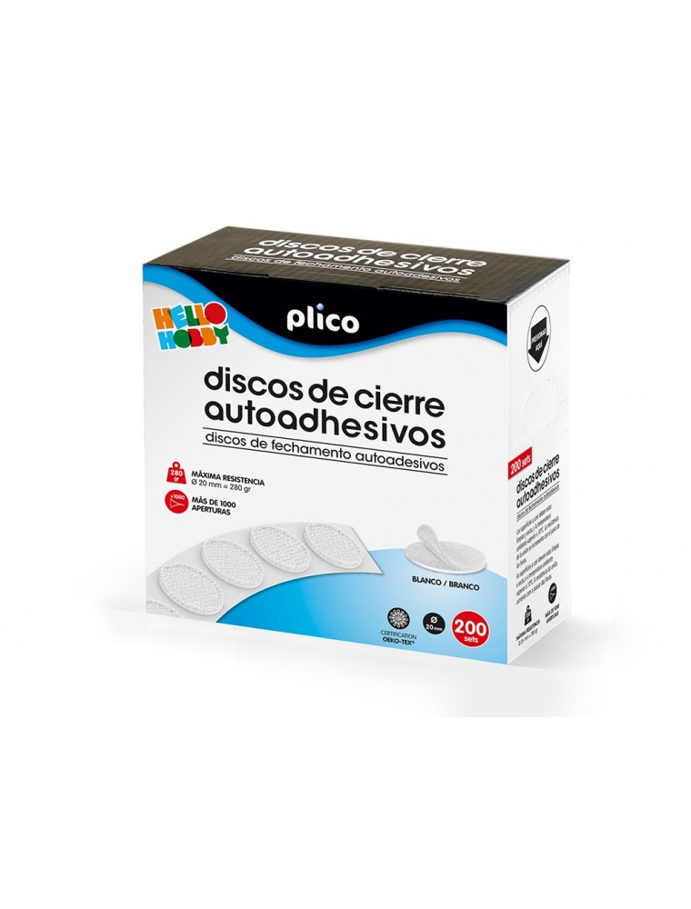 Disco de cierre plico velcro autoadhesivo 20 mm diametro color blanco caja de 200 unidades.