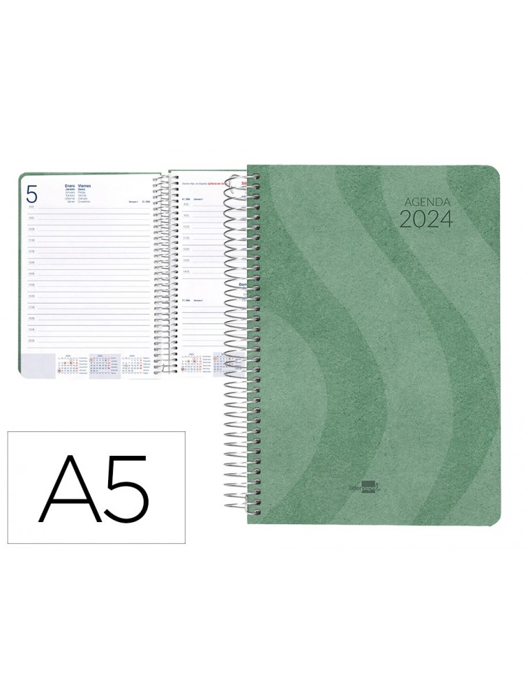 Agenda espiral liderpapel syros 15x21 cm 2024 dia pagina simple espiral color Verde papel 60 gr.