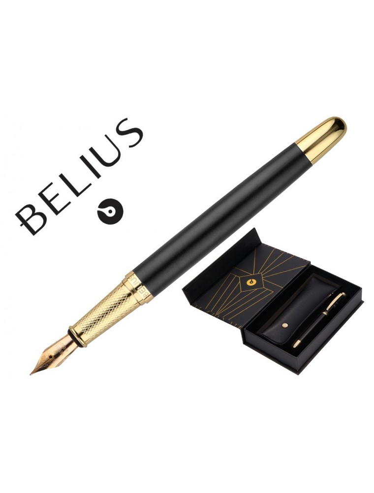 Pluma Y Estuche Belius Soiree Color Art Deco Negro Y Dorado Tinta Azul Caja De Diseño