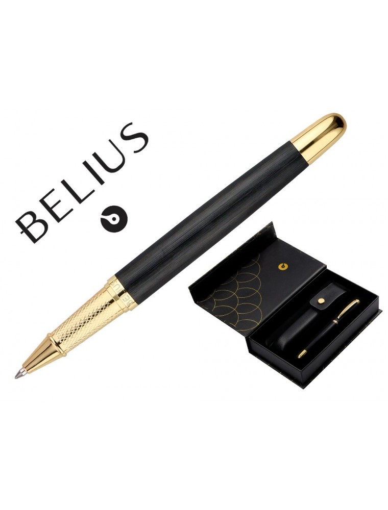 Boligrafo Y Estuche Belius Passion Dor Aluminio Textura Cepillada Color Negro Y Dorado Tinta Azul Caja Diseño