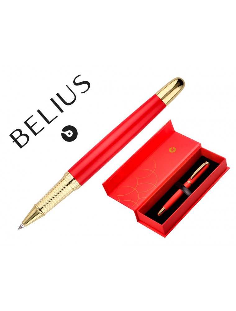 Boligrafo Belius Passion Dor Aluminio Textura Cepillada Color Rojo Y Dorado Tinta Azul Caja De Diseño