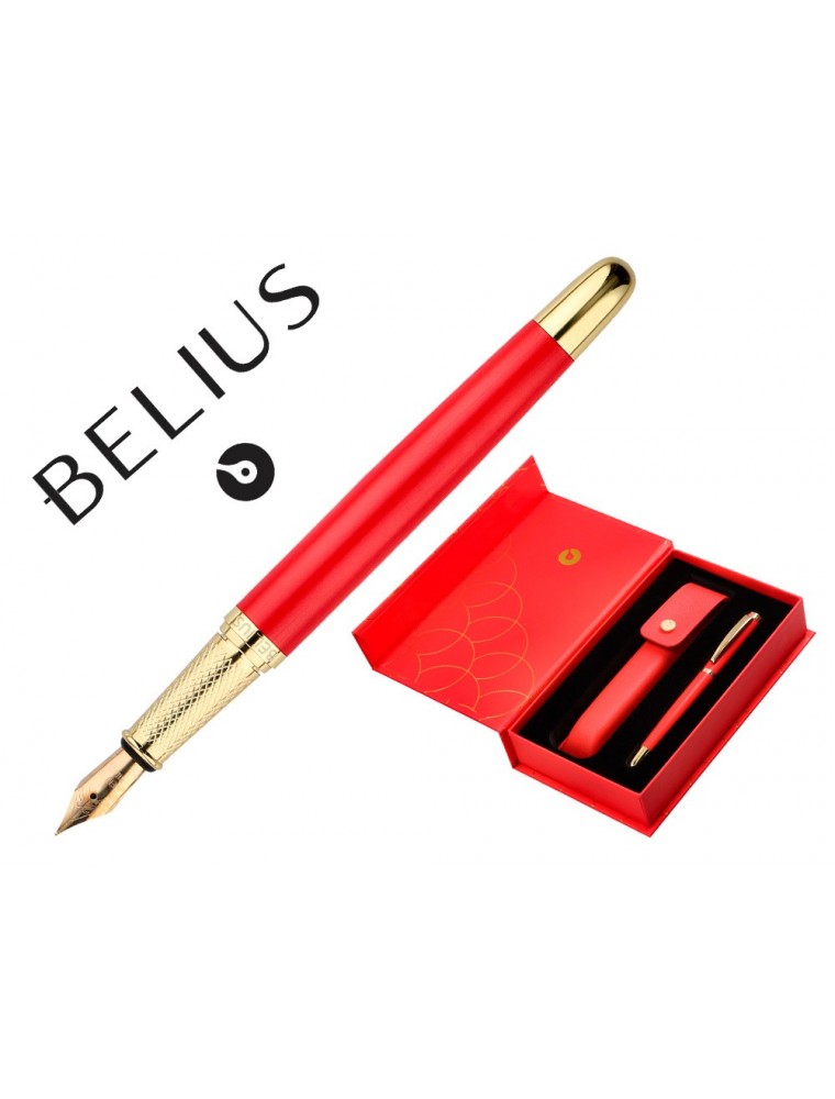 Pluma Y Estuche Cuero Belius Passion Dor Aluminio Textura Cepillada Color Rojo Y Dorado Tinta Azul Caja De Diseño