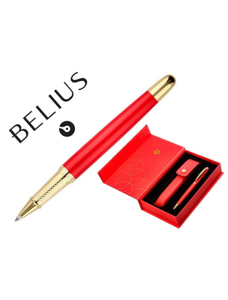 Boligrafo Y Estuche Belius Passion Dor Aluminio Textura Cepillada Color Rojo Y Dorado Tinta Azul Caja De Diseño