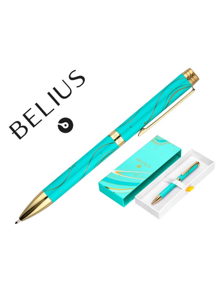 Boligrafo Belius Aqua Aluminio Color Turquesa Y Dorado Tinta Azul Caja De Diseño