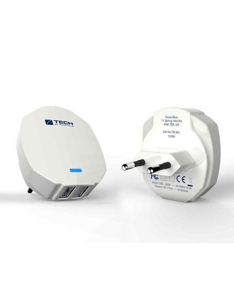 Adaptador de corriente travel blue europa de pared doble usb 2.1a color blanco.