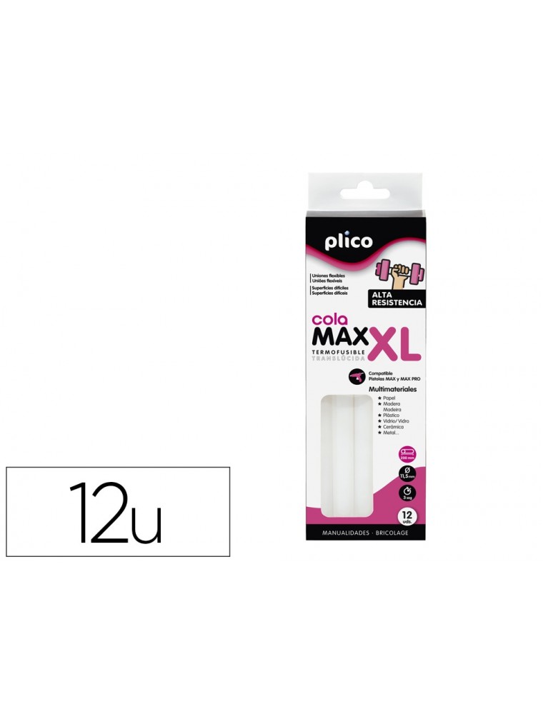 Barra termofusible plico cola extrafuerte max xl 11,5 mm de diametro x 200 mm de alto blister de 12 unidades.