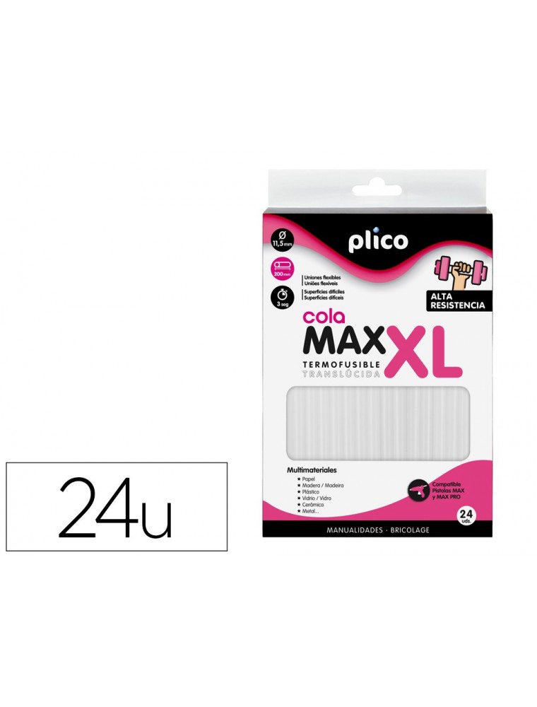 Barra termofusible plico cola extrafuerte max xl 11,5 mm de diametro x 200 mm de alto blister de 24 unidades.