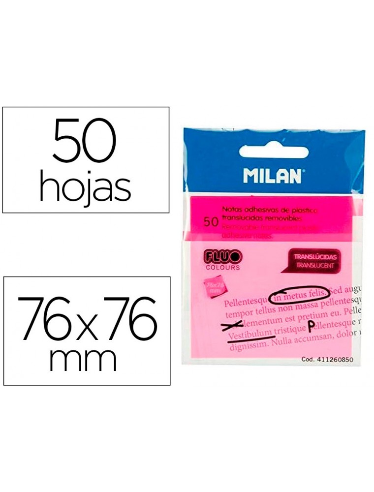 Bloc de notas adhesivas quita y pon milan 76x76 mm removible plastico translucido rosa fluor 50.