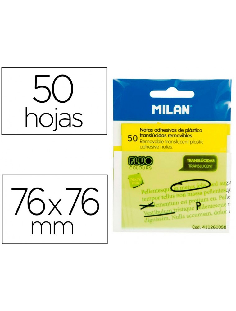 Bloc de notas adhesivas quita y pon milan 76x76 mm removible plastico translucido amarillo fluor 50.