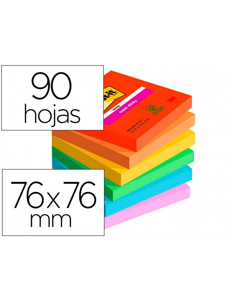 Bloc de notas adhesivas quita y pon post-it super sticky playful 76x76 mm 90 hojas 100 pefc pack de 6 unidades