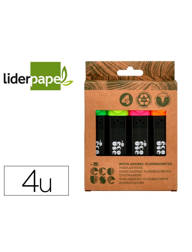 Rotulador liderpapel ecouse fluorescente fabricado con 68 plastico reciclado caja de 4 unidades colores surtidos