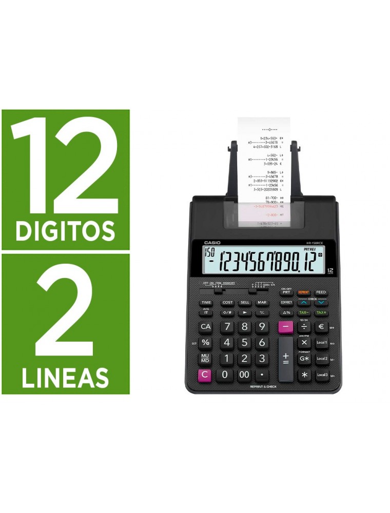 Calculadora casio hr-150rce impresora pantalla lc papel 58 mm impresion bicolor 12 digitos acdc color negro