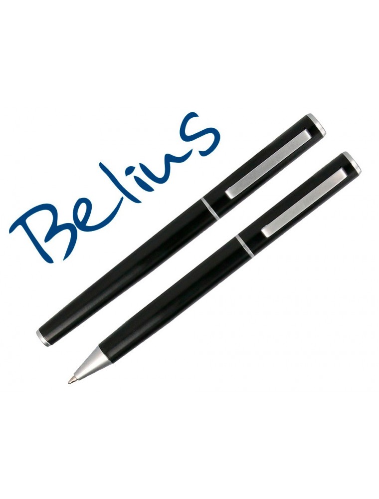 Juego boligrafo y roller belius norwich cuerpo negro mate y detalles cromados satinados en caja regalo