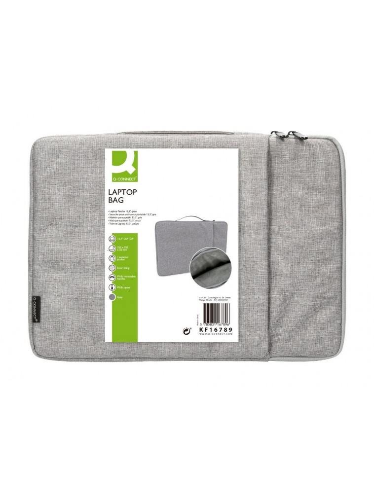 Funda para portatil q-connect 13,3 con asa 1 bolsillo exterior con cremallera color gris 350x250x25 mm