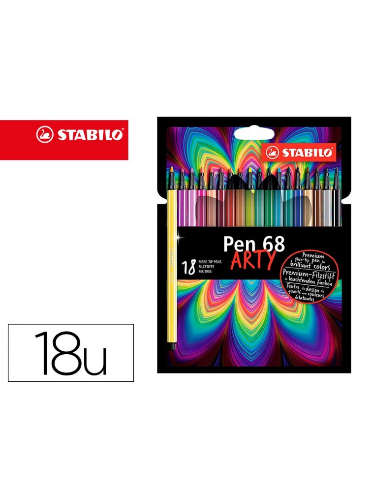 Rotulador stabilo acuarelable pen 68 estuche carton de 18 unidades colores surtidos