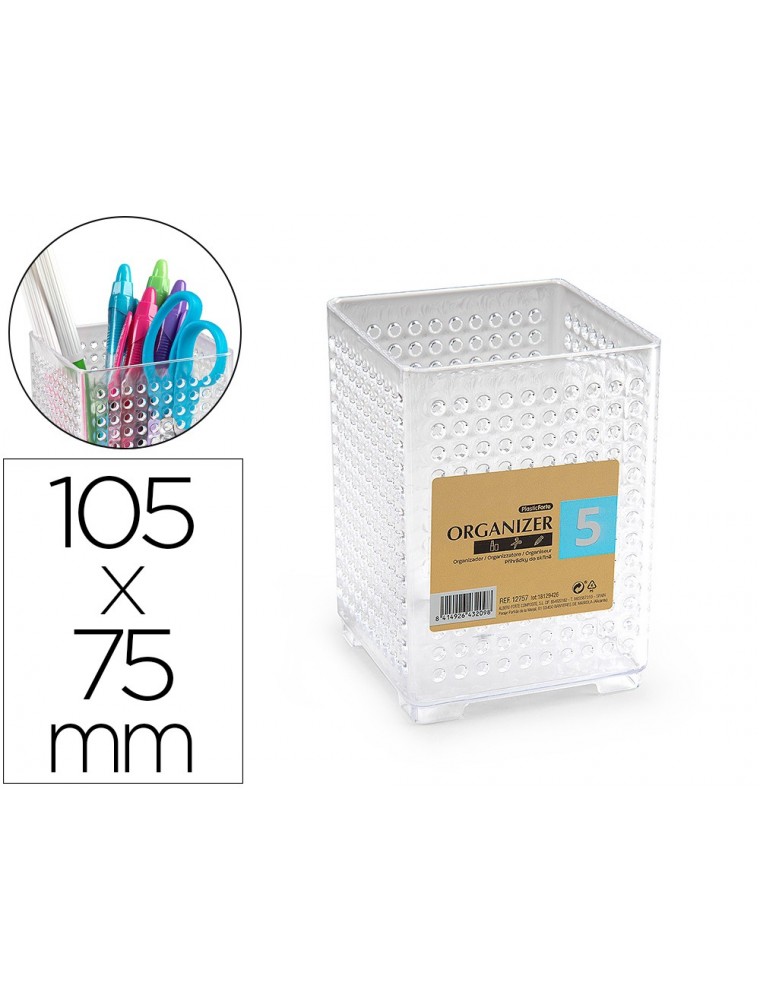 Cubilete portalapices plastiforte organizer cuadrado transparente n 5 75x75x105 mm